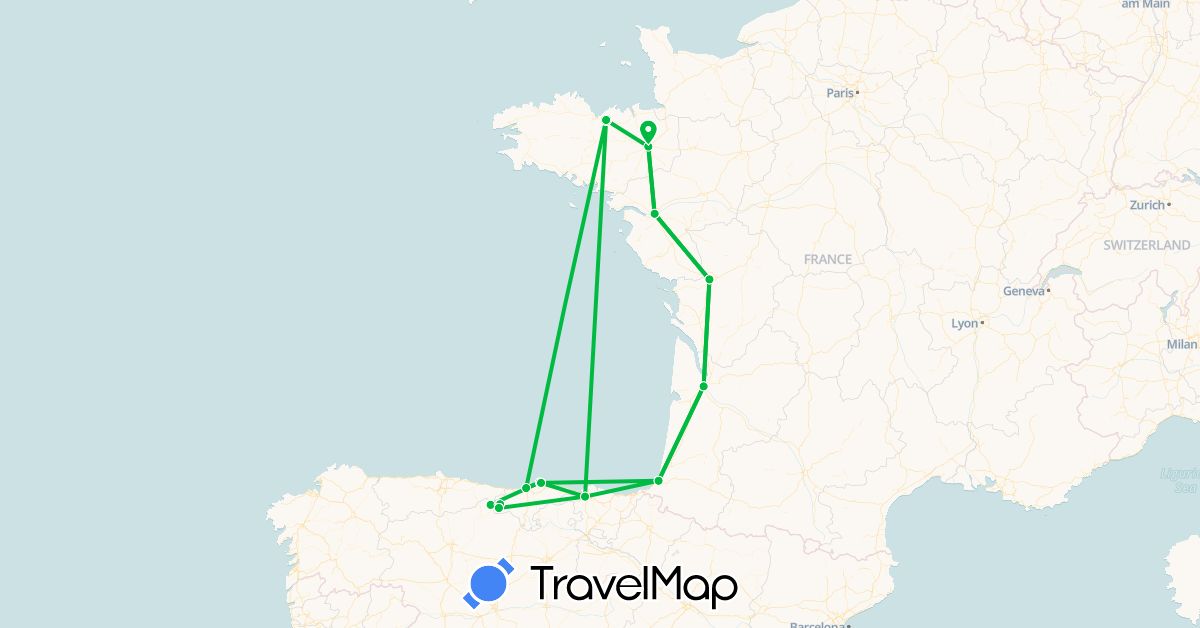 TravelMap itinerary: bus in Spain, France (Europe)